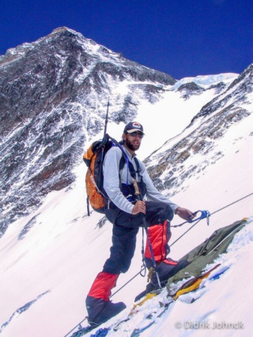 Erik Weihenmayer ascends the steep Lhotse Face just below Camp 3. This image was chose for the Time Magazine cover shot. 2001 NFB Everest Expedition.